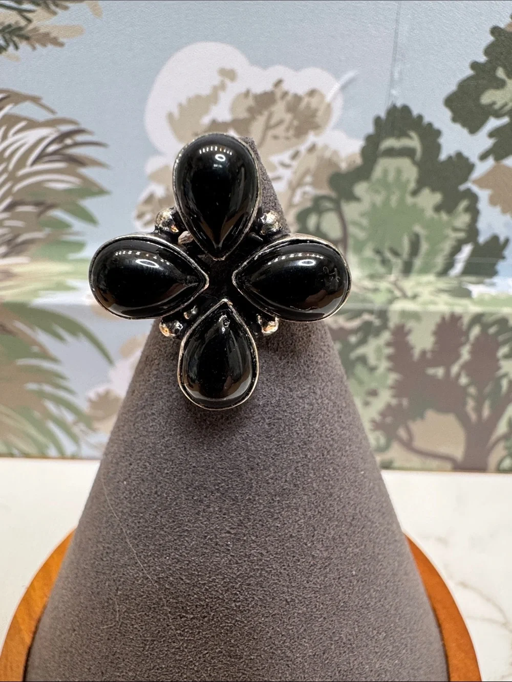 Black Teardrop Cluster Ring Sterling